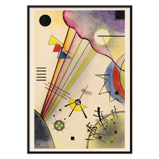 Abstract geometric art with colorful shapes and lines by Wassily Kandinsky titled Deutliche Verbindung Clear Connection, with black aluminium frame on white background