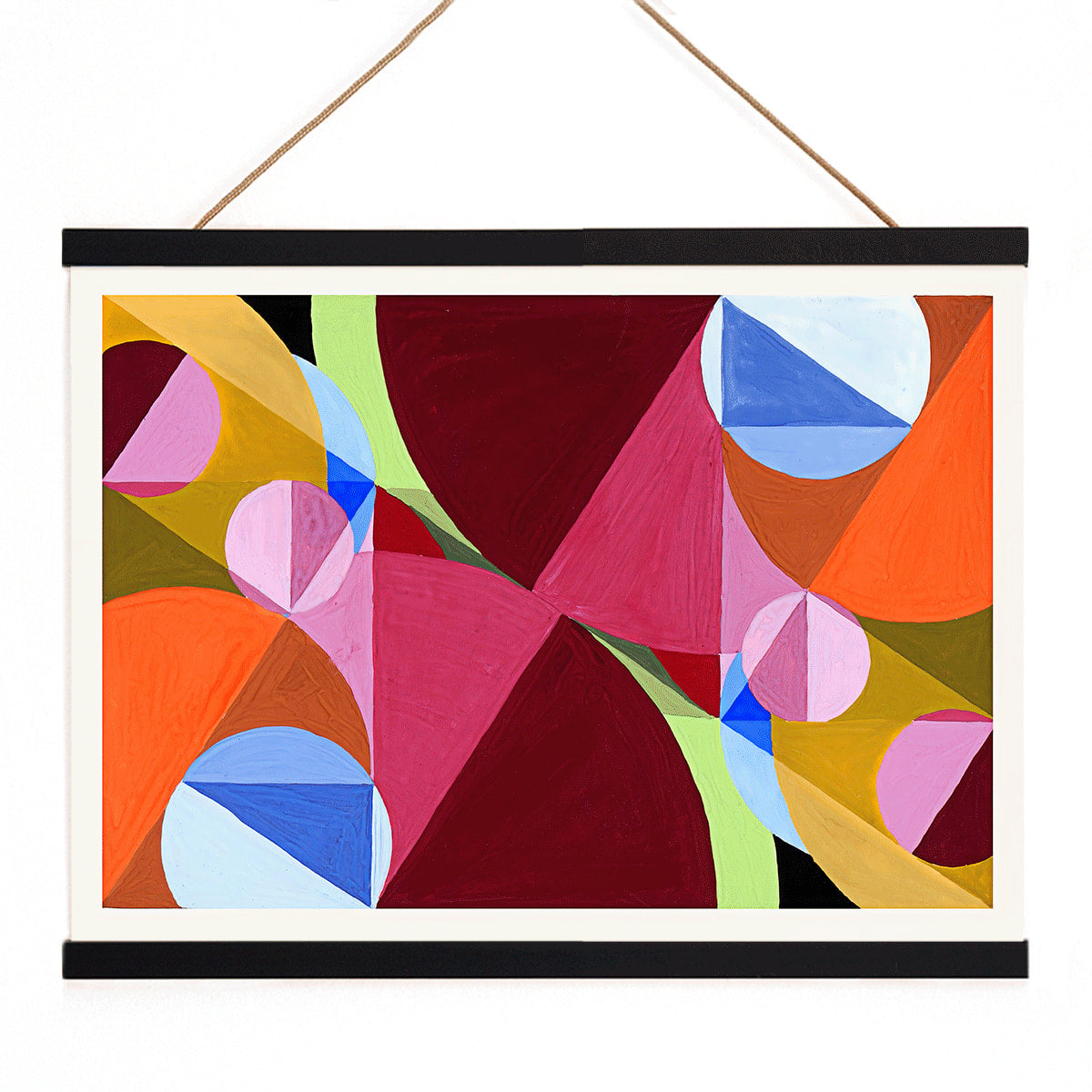 Poster of abstract geometric shapes in vibrant colors from Area Broken by Perpendiculars by Joseph Schillinger, with wooden magnetic frame on white background