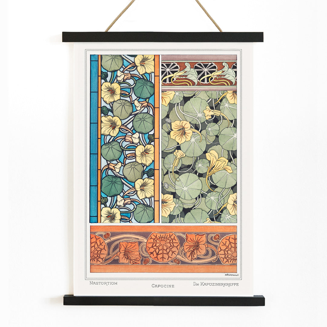 Art Nouveau capucine nasturtium botanical illustration by Maurice Pillard Verneuil from La Plante et ses Applications ornementales, with wooden magnetic frame on white background