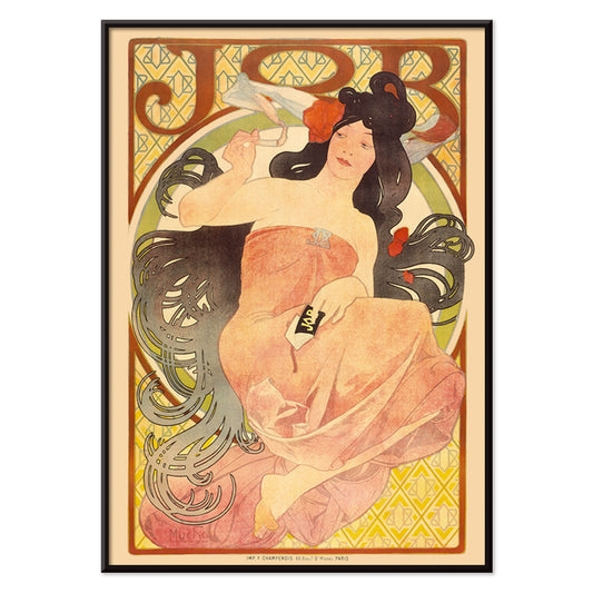 Art Nouveau poster by Alphonse Mucha featuring an elegant woman in a flowing dress with dark hair titled Job, with black aluminium frame on white background