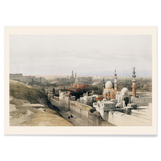 Panoramic cityscape of Cairo with mosques historic architecture and city walls looking west artwork by David Roberts, with black aluminium frame on white background