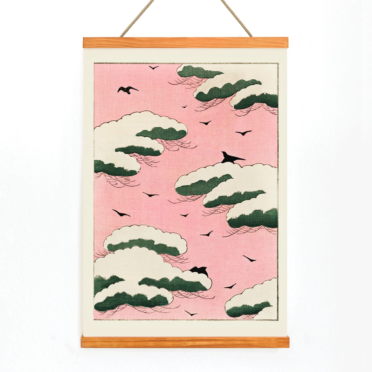 Pink sky with green clouds and black birds by Watanabe Seitei from Bijutsu Sekai Kacho-ga style poster, with wooden magnetic frame on white background