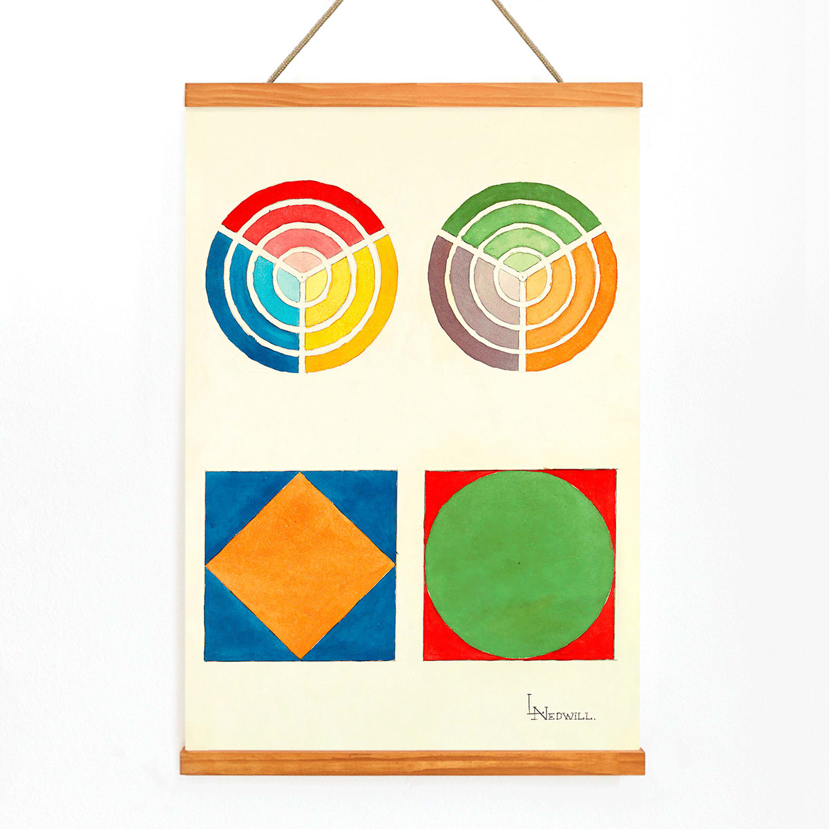 Colorful geometric abstract art poster from Portfolio Historic Ornament by Elizabeth A Nedwill ideal for modern wall decor, with wooden magnetic frame on white background