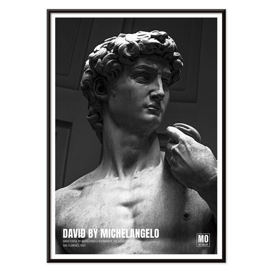 David by Michelangelo Buonarroti classic sculpture and grayscale poster from Mo Art Gallery Florence, with black aluminium frame on white background