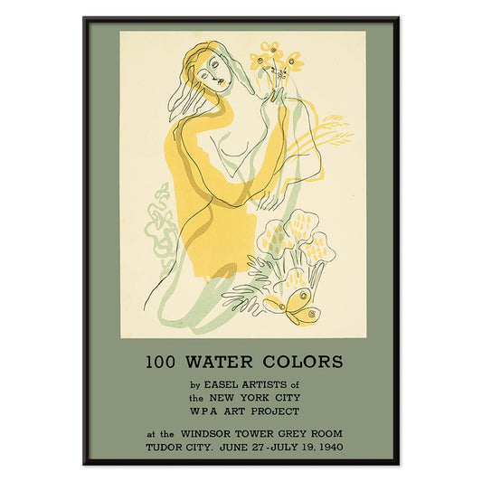 Watercolor illustration poster of a woman with flowers by Easel Artists from the New York City WPA Art Project titled 100 Water Colors, with black aluminium frame on white background