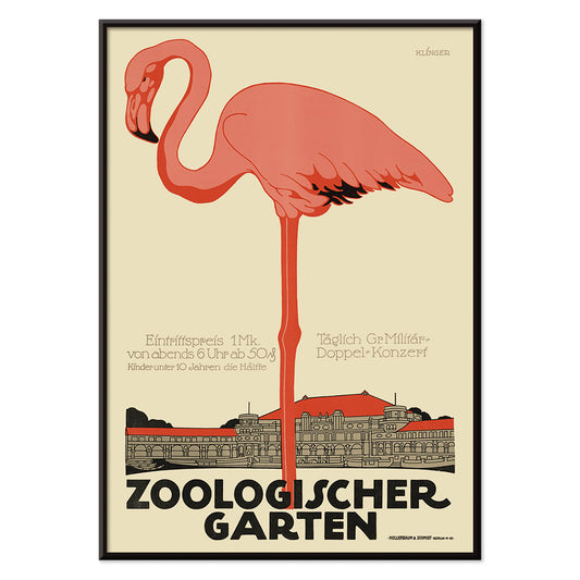 Poster of Zoologischer Garten by Julius Klinger with a pink flamingo and zoo building facade illustration, with black aluminium frame on white background