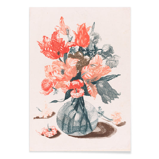 Colorful vibrant floral arrangement in a glass vase artwork and poster by Jean Baptiste Monnoyer from Five Prints of Flowers in Glass Vases, with black aluminium frame on white background