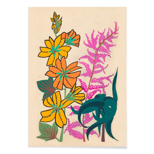 Colorful floral illustration of branches and leaves by Atelier Martine featuring vibrant orange yellow and pink flowers poster artwork, with black aluminium frame on white background