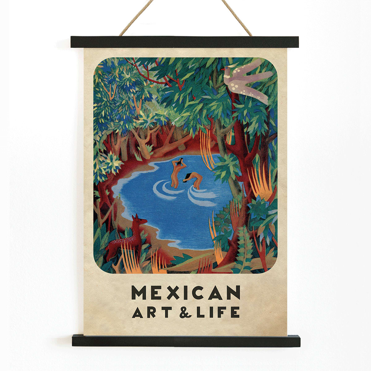 Vibrant forest scene with pond and wildlife by Carlos Merida cover art and poster from Mexican Art and Life, with wooden magnetic frame on white background