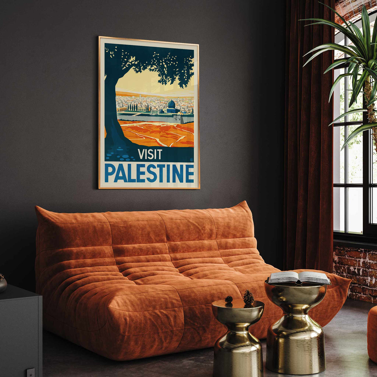 Franz Kraus Visit Palestine poster with sunlit city, mosque, ochre fields, blue sky, and dark tree silhouette, with wooden magnetic frame on white background