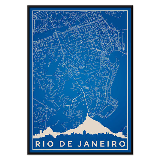Minimalist blue and white Rio de Janeiro map poster by Moryarty featuring detailed street lines and city skyline silhouette, with black aluminium frame on white background