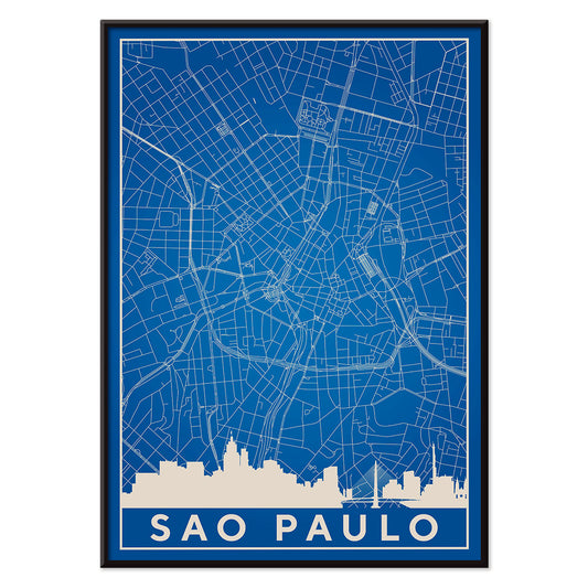Minimalist blue map of Sao Paulo city with white street lines and skyline by artist Anonymous titled Minimalist Sao Paulo Map, with black aluminium frame on white background