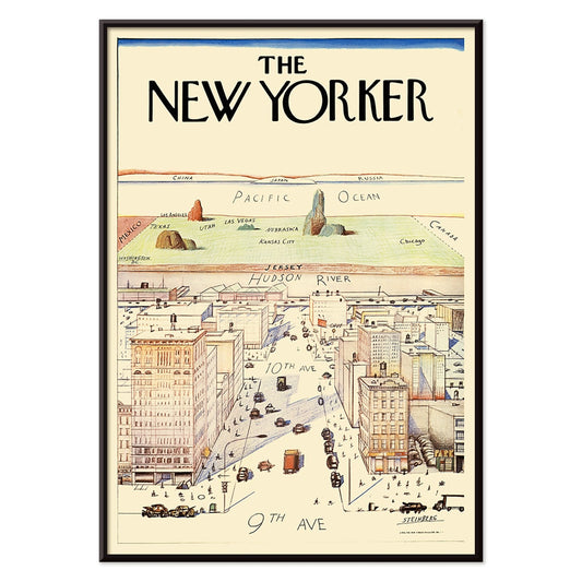 The New Yorker poster by Saul Steinberg featuring a whimsical stylized cityscape and landscape with 9th and 10th Avenue, with black aluminium frame on white background