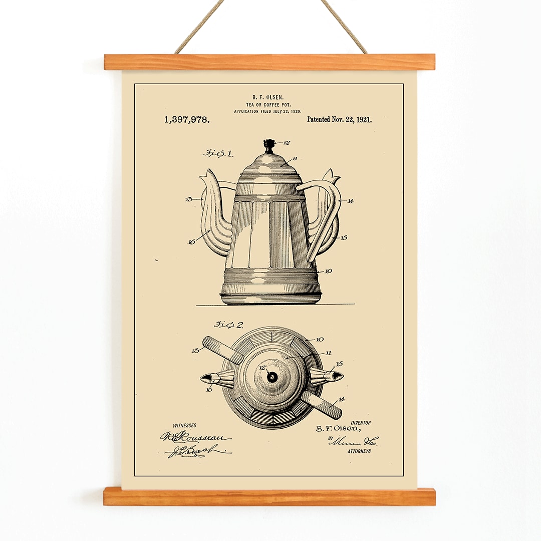 Patent illustration and technical drawing poster of tea or coffee pot by B F Olsen with detailed views and patent information, with wooden magnetic frame on white background
