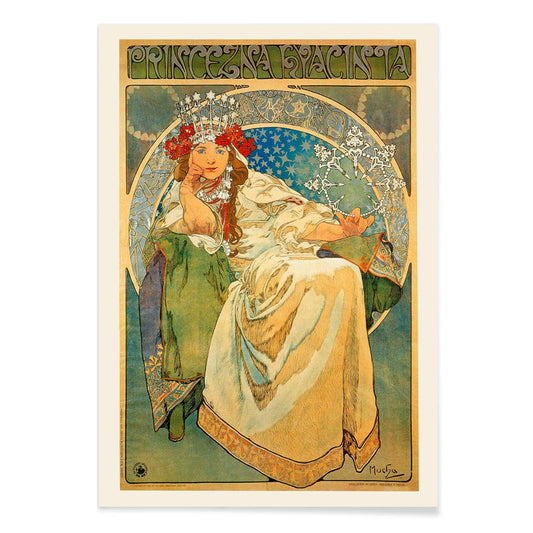 Art Nouveau poster of Princess Hyacinta in flowing gown with crown and floral accents by Alfons Mucha, with black aluminium frame on white background