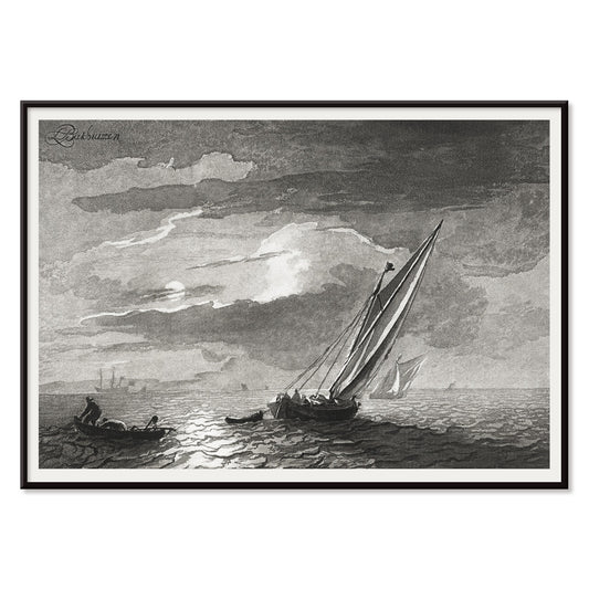 Sailboats on a moonlit sea seascape with full moon by Cornelis Ploos van Amstel poster showing sailboats on the ocean under a moonlit sky, with black aluminium frame on white background