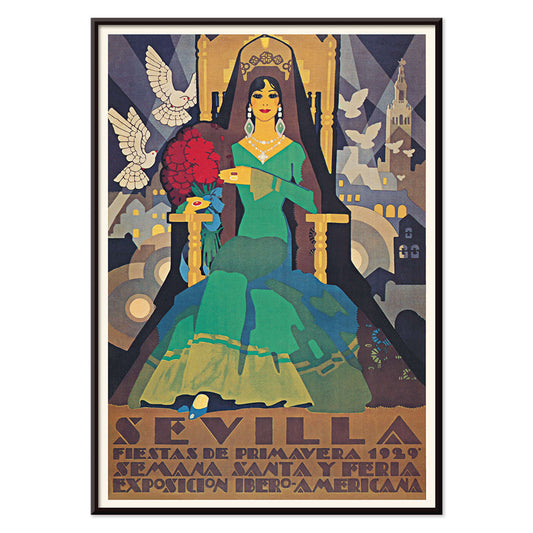 Art Deco illustrated poster of Sevilla Fiestas de primavera by artist featuring Semana Santa Feria Exposición Ibero-Americana and a woman in a green dress with doves and cityscape in the background, with black aluminium frame on white background