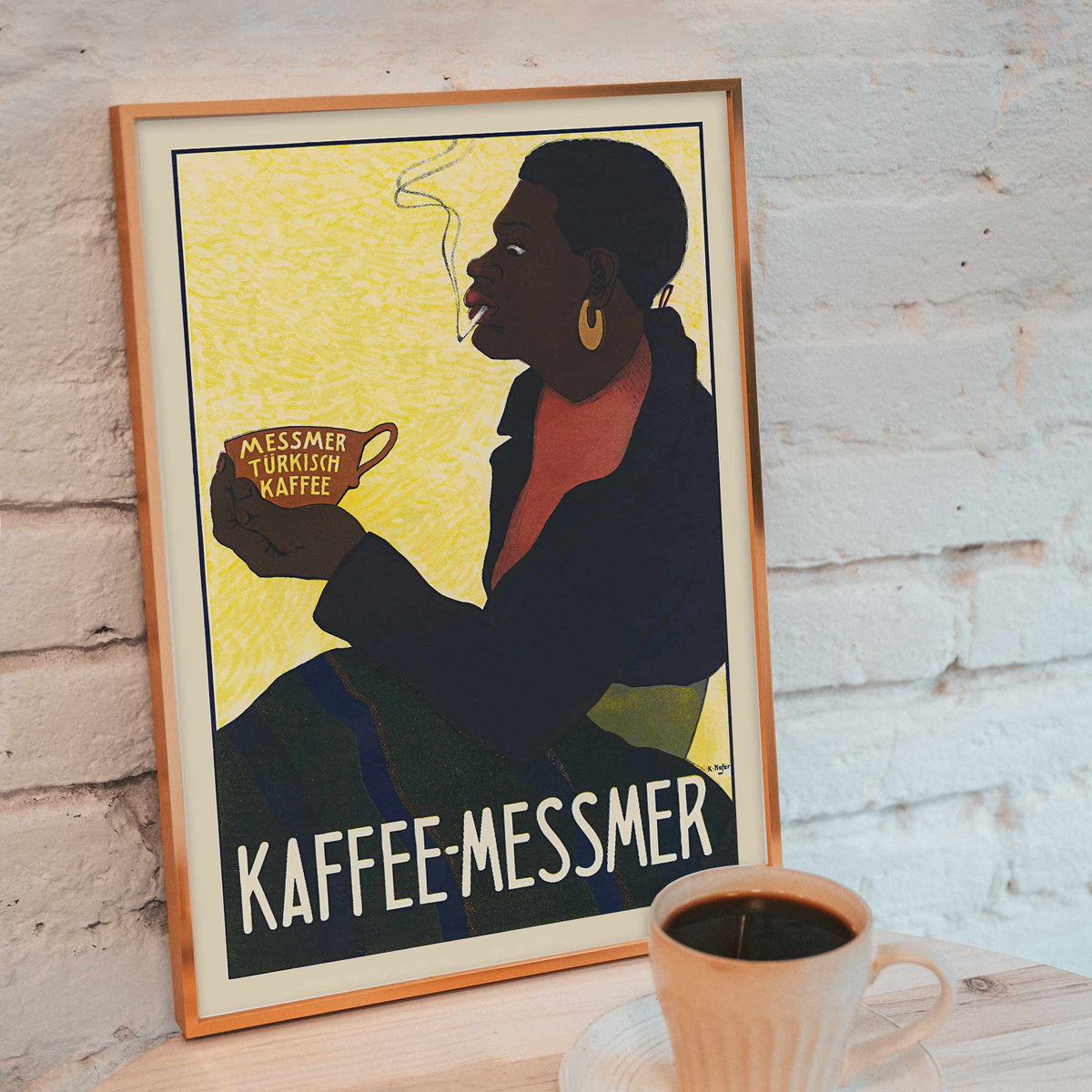 Karl Hofer Messmer Turkish Coffee poster with silhouetted drinker holding steaming cup, black coat, red scarf, ochre background, with wooden magnetic frame on white background