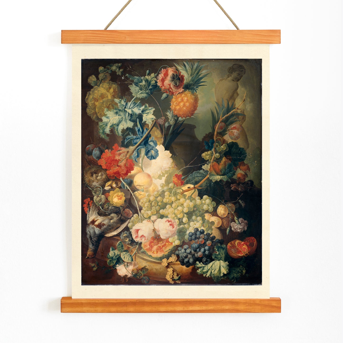 Vibrant flowers fruit and birds in classical artwork Flowers Fruit and Birds by Jan van Os poster still life, with wooden magnetic frame on white background