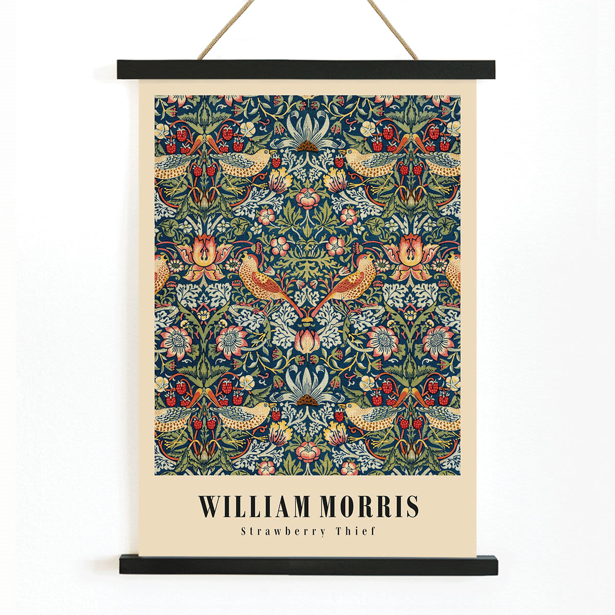 Strawberry Thief by William Morris ornate floral and bird pattern artwork poster with intricate designs and rich colors, with wooden magnetic frame on white background