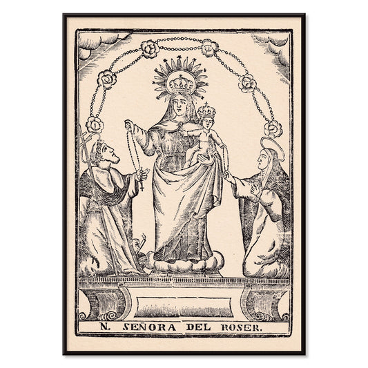 Nuestra Senora del Roser Virgin Mary holding Child Jesus with saints black and white religious illustration and crowned Madonna and child surrounded by saints traditional religious artwork, with black aluminium frame on white background