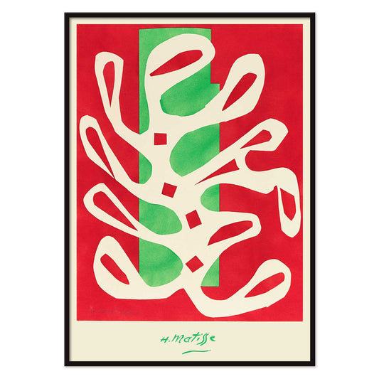 Henri Matisse White Alga on Red and Green Background poster with white seaweed cutout over red and green blocks, with black aluminium frame on white background