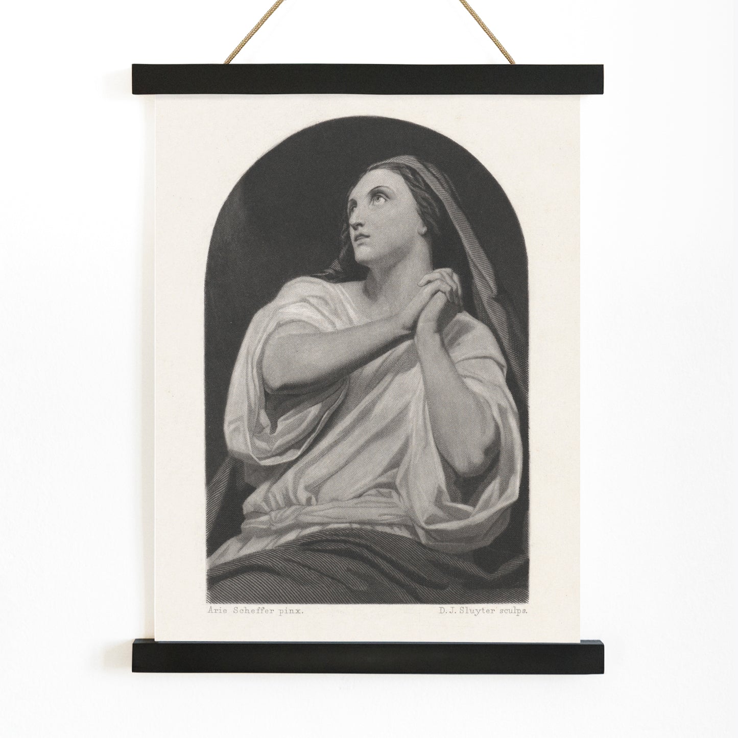 Black and white artwork of a praying woman with folded hands and serene expression by Dirk Jurriaan Sluyter, with wooden magnetic frame on white background