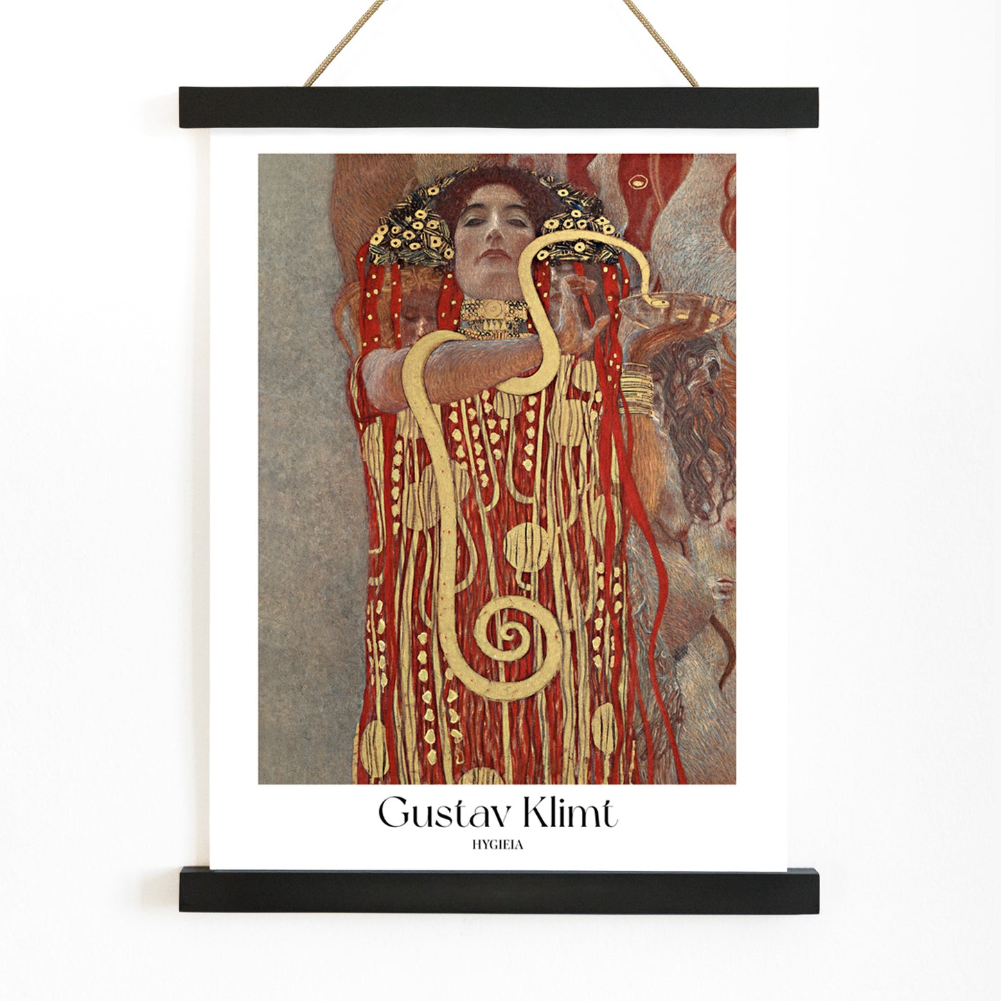 Hygieia by Gustav Klimt woman in ornate red and gold robe holding a snake art poster, with wooden magnetic frame on white background