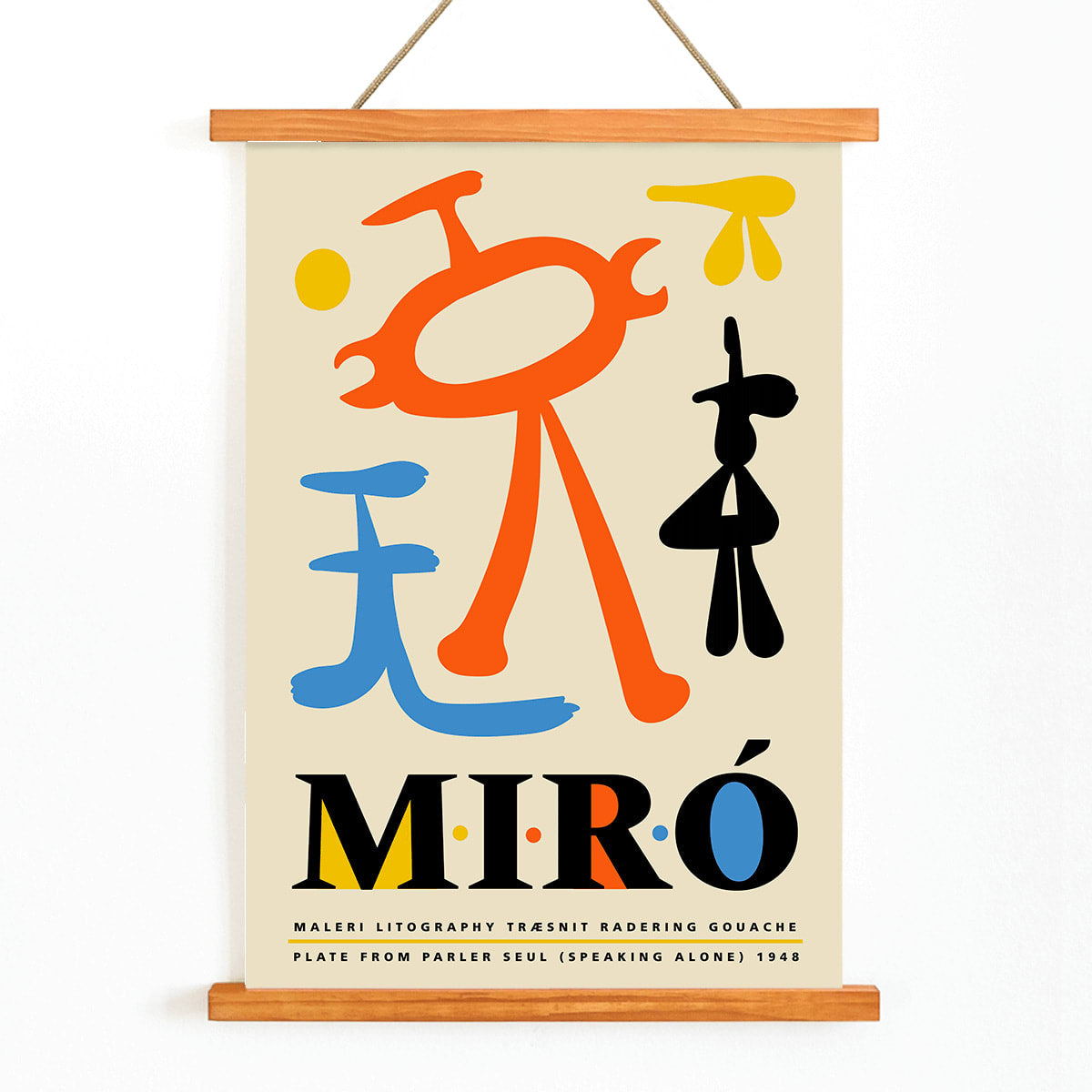 Exhibition poster inspired by Joan Miro and artwork Parler Seul featuring colorful abstract shapes and bold typography, with wooden magnetic frame on white background