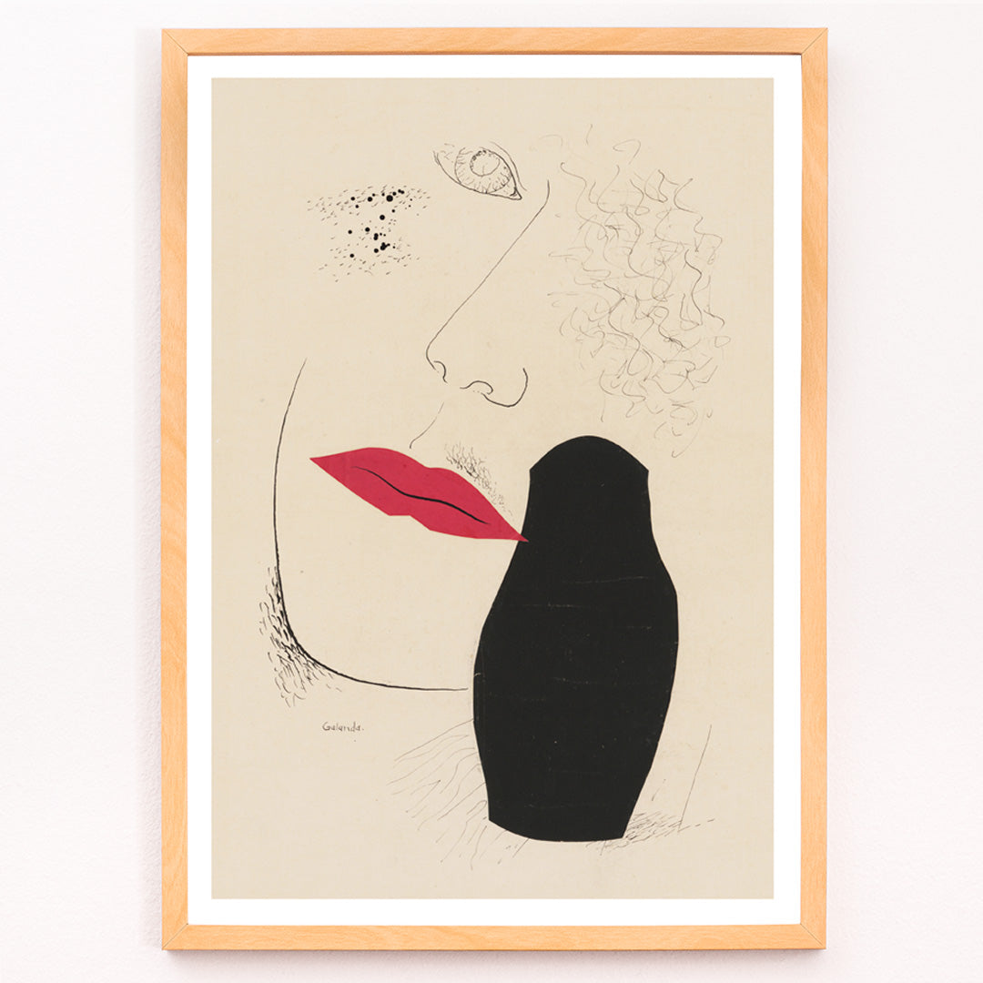 Closeup detail of Abstract minimalist portrait with red lips and black silhouette modern art poster by Mikulas Galanda titled Desire