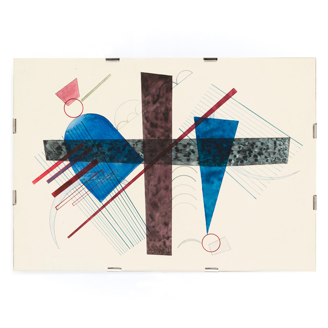 Abstract geometric poster with blue and red shapes artwork Blau in Rund und Spitz by Wassily Kandinsky, framed and displayed in modern living room decor