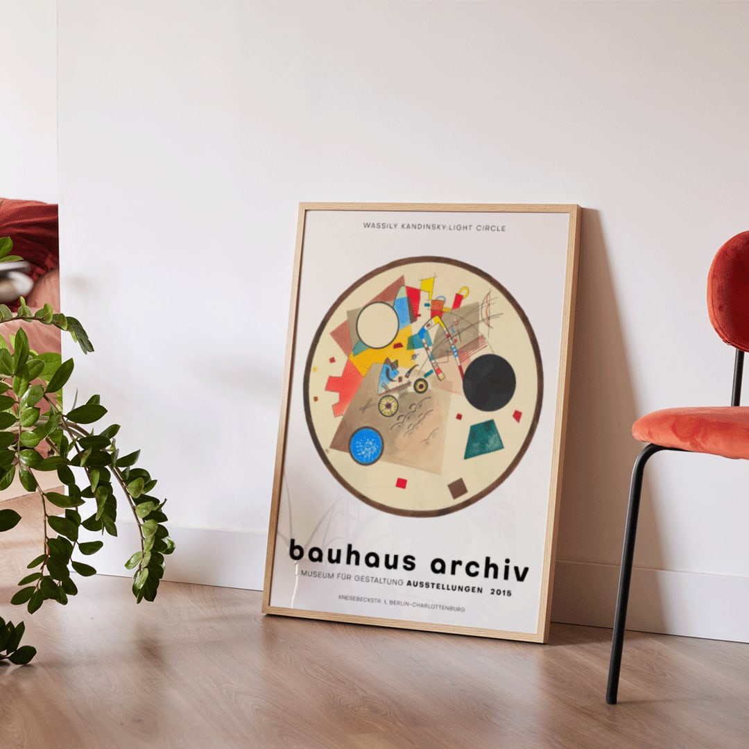 Abstract geometric artwork Light Circle by Wassily Kandinsky from Bauhaus exhibition poster displayed at Bauhaus Archiv Museum, framed and displayed in home decor