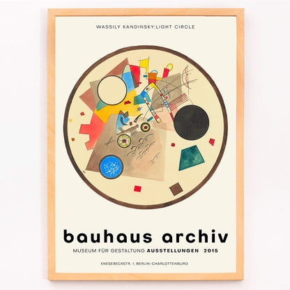 Abstract geometric artwork Light Circle by Wassily Kandinsky from Bauhaus exhibition poster displayed at Bauhaus Archiv Museum, framed and displayed in modern living room decor