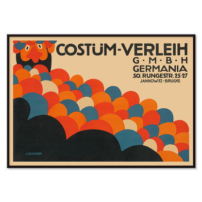 Poster by Julius Klinger for Costüm-Verleih Germania with red blue orange and black abstract circles and bold typography, with black aluminium frame on white background