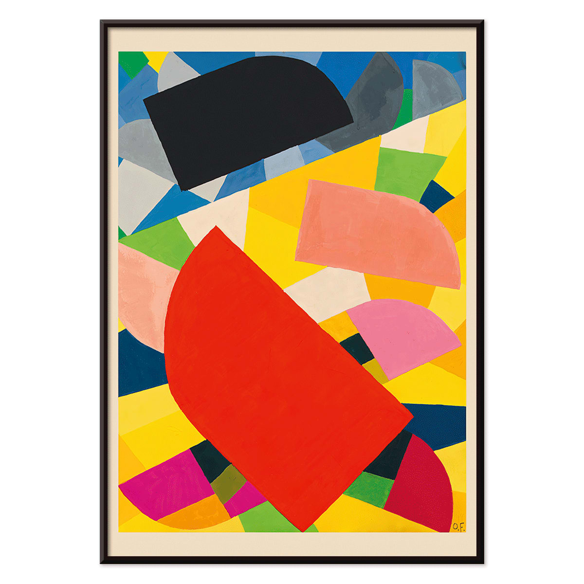 Abstract geometric poster Komposition by Otto Freundlich featuring bold colorful shapes on vibrant yellow background, with black aluminium frame on white background