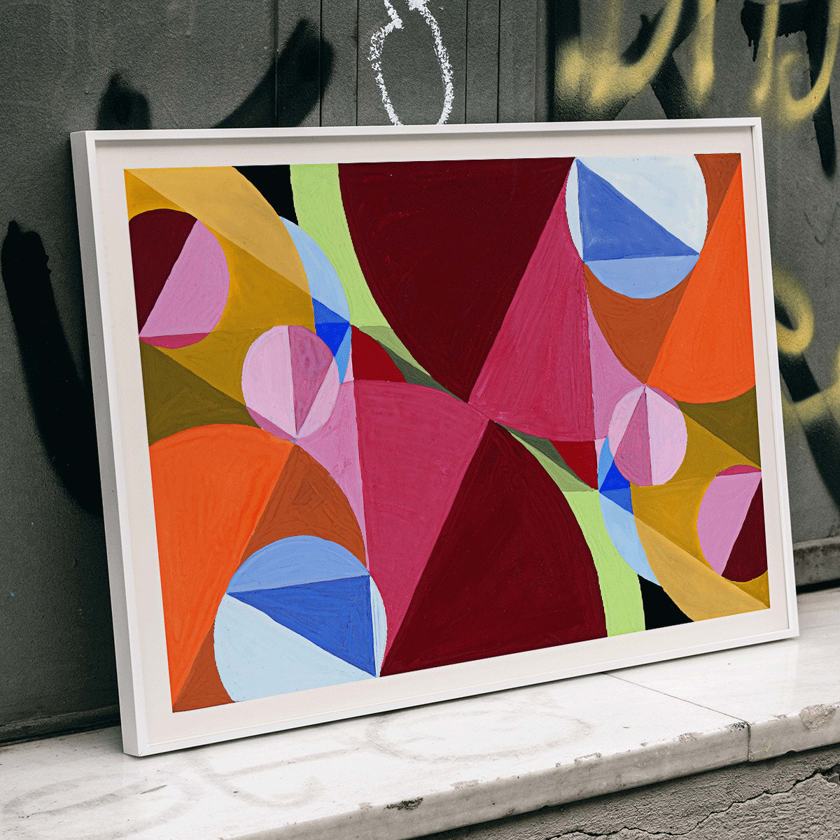 Poster of abstract geometric shapes in vibrant colors from Area Broken by Perpendiculars by Joseph Schillinger, framed and displayed in home decor