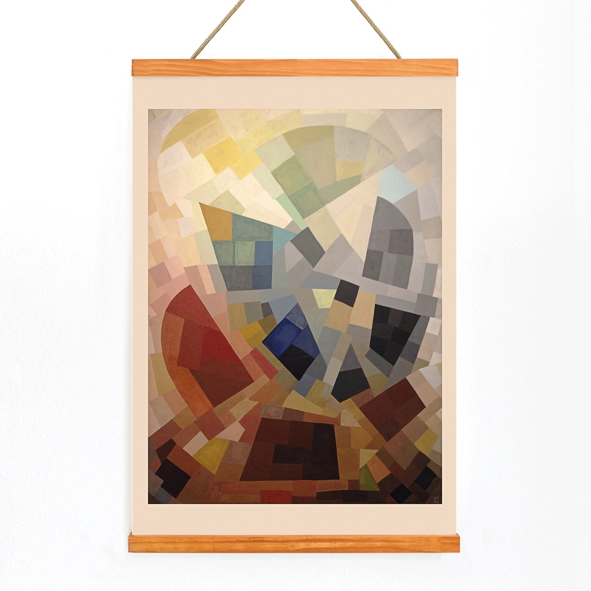 Abstract geometric art with colorful blocks and earthy tones by Otto Freundlich Komposition displayed in a modern black frame, with wooden magnetic frame on white background