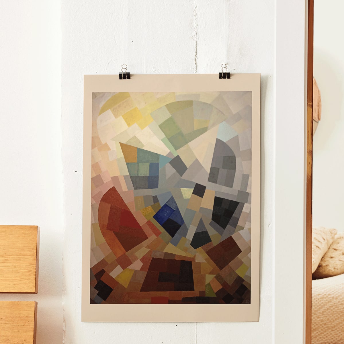 Abstract geometric art with colorful blocks and earthy tones by Otto Freundlich Komposition displayed in a modern black frame, framed and displayed in modern living room decor