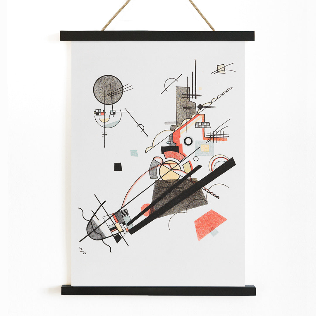 Abstract geometric art poster with intersecting lines and shapes in black red and yellow Fröhlicher Aufstieg by Wassily Kandinsky, with wooden magnetic frame on white background