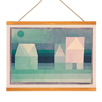 Abstract geometric houses in pastel green colors artwork by Paul Klee titled Three Houses poster featuring geometric house shapes, with wooden magnetic frame on white background