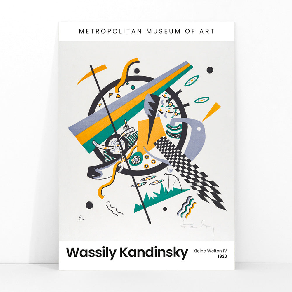 Abstract geometric poster with bold shapes and lines by Wassily Kandinsky from Kleine Welten IV Small Worlds IV, framed and displayed in modern living room decor