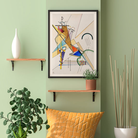Abstract geometric shapes intersecting lines and vibrant colors in Gewebe by Wassily Kandinsky poster, framed and displayed in home decor