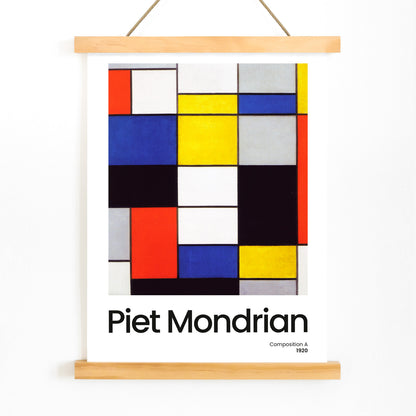 Abstract geometric art poster with colorful squares and rectangles by Piet Mondrian Composition A modern wall decor, with wooden magnetic frame on white background
