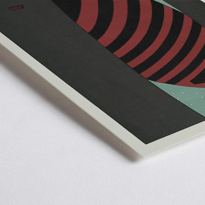Closeup detail of Julius Klinger Theater exhibition at the zoo poster with red and black striped figure on teal background