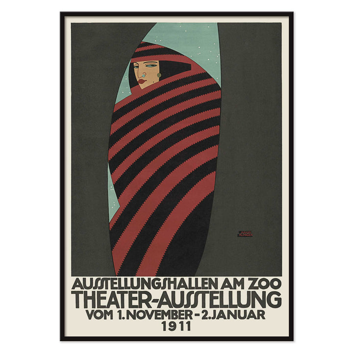 Julius Klinger Theater exhibition at the zoo poster with red and black striped figure on teal background, with black aluminium frame on white background