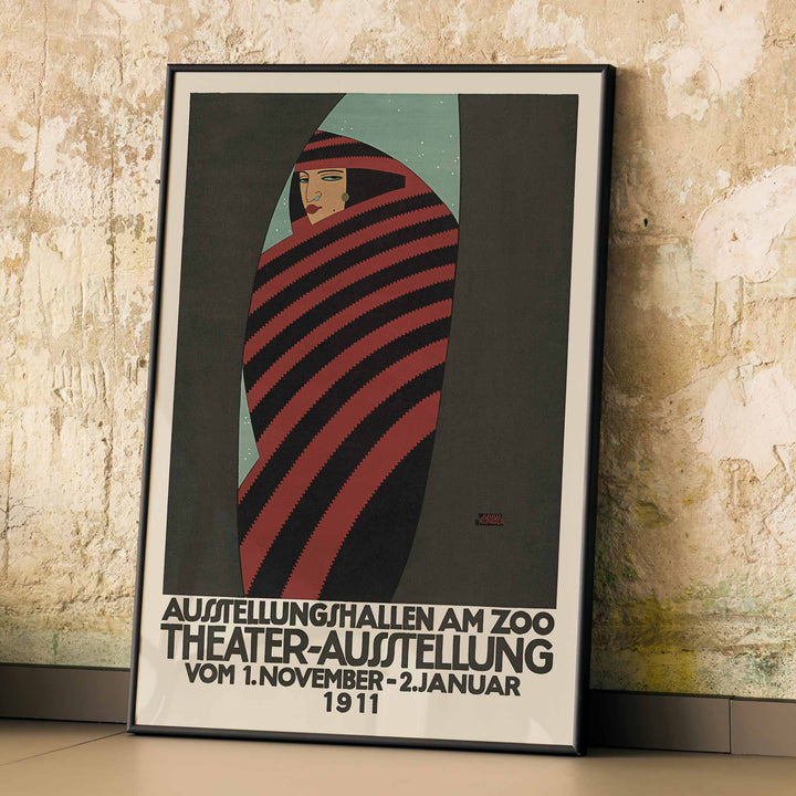 Julius Klinger Theater exhibition at the zoo poster with red and black striped figure on teal background, with wooden magnetic frame on white background