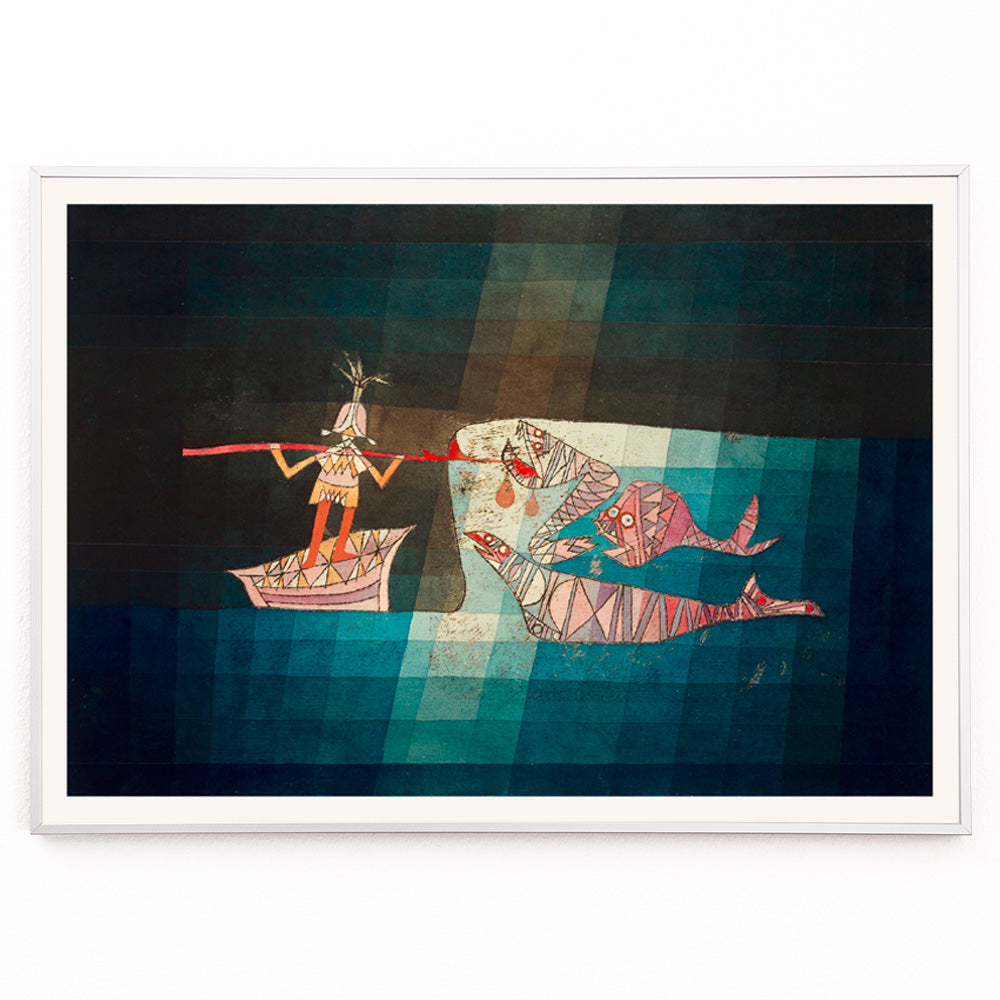 Closeup detail of Abstract poster of a fighting scene with fisherman and sea creatures from the comic opera the seafarer by Paul Klee
