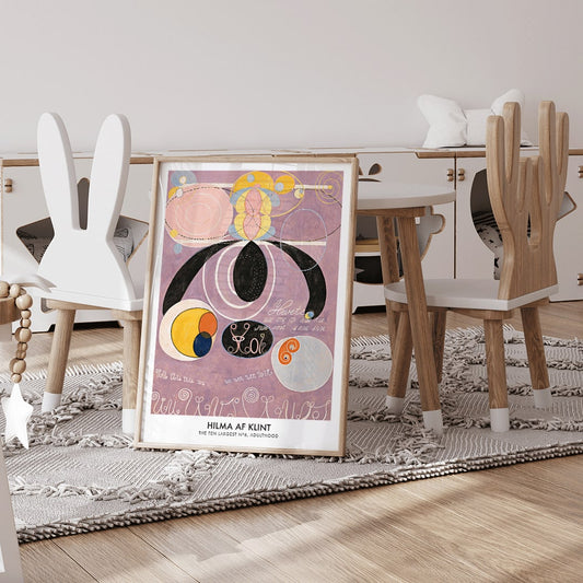 Abstract colorful pastel shapes and spirals artwork from The Ten Largest No 6 by Hilma af Klint poster, framed and displayed in home decor