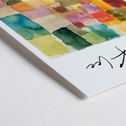 Closeup detail of Abstract watercolor squares in vibrant colors by Paul Klee modern wall decor poster with colorful patchwork design