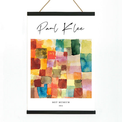 Abstract watercolor squares in vibrant colors by Paul Klee modern wall decor poster with colorful patchwork design, with wooden magnetic frame on white background
